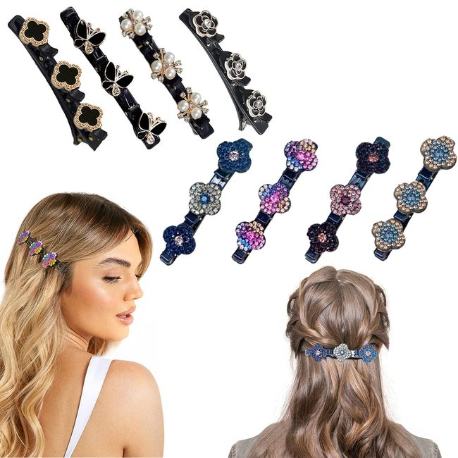 8 PCS Haarspangen mit 3 Clips,Haarspange mit Kristallblume Kolibri,satin stoff Modische doppelschicht entenschnabel Damen große Haarspangen,Mit Klee crystal perlen Schmetterling