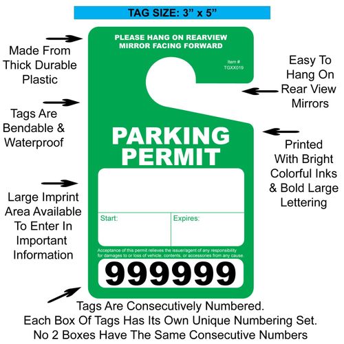 100 Pack Green Parking Permit Hang Tags for Rear View Mirror. Bendable & Waterproof. Temporary Hanging Passes. Large Bold Consecutive Numbers. 3” x 5”. Durable Thick Plastic Tags. Easy to Write on
