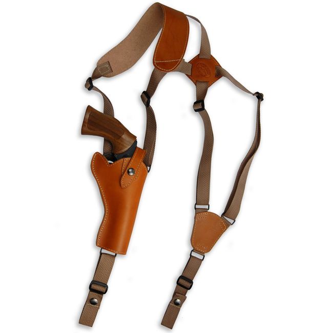 New Barsony Saddle Tan Leather Cross Harness Vertical Shoulder Holster for 4" 38 357 44 Revolvers (S&W K&L 10 17 48 64, Right)