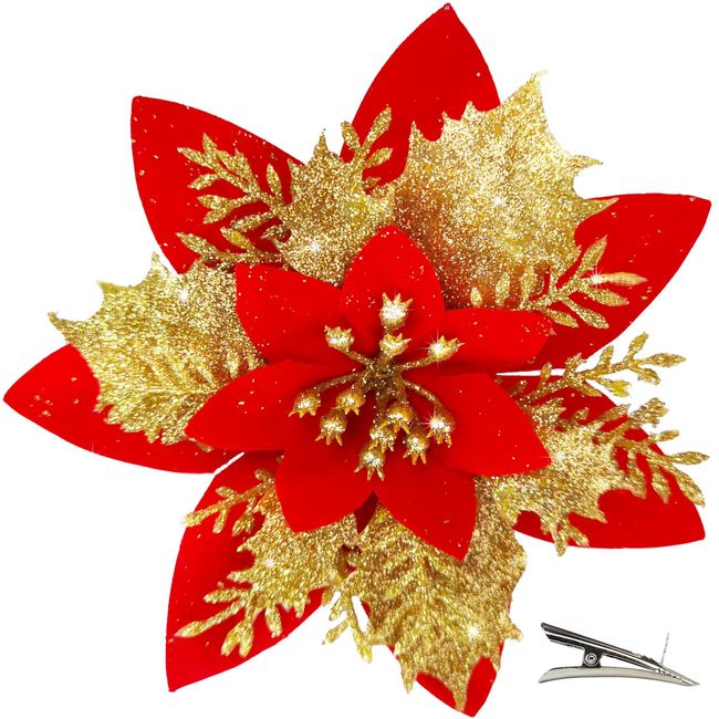 MIKAILE 20pcs Artificial Tree Artificial Flowers with Clips Glitter Powder Christmas Ornaments Christmas Tree Garland Curtain Home Decoration (Red Gold)