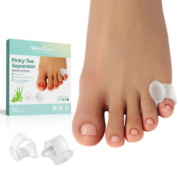 Welnove Gel Toe Separator, 12 Pack Pinky Toe Spacers, Aloe Vera Extract Infused Silicone Little Toe Spacers, Bunion Corrector, Bunion Cushions Pads for Preventing Rubbing & Relieve Pressure