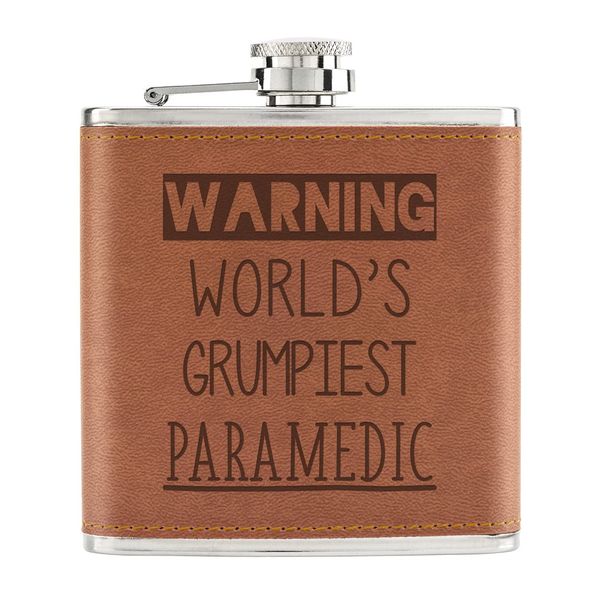 Warning World's Grumpiest Paramedic 6oz PU Leather Hip Flask Tan