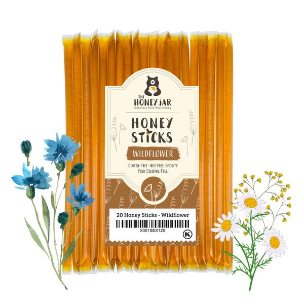 The Honey Jar - Raw Wildflower Varietal Honey Sticks - Pure Honey Straws For Tea, Coffee, or a Healthy Treat - One Teaspoon of Flavored Honey Per Stick - Made In The USA, Real Honey - (20 Count)