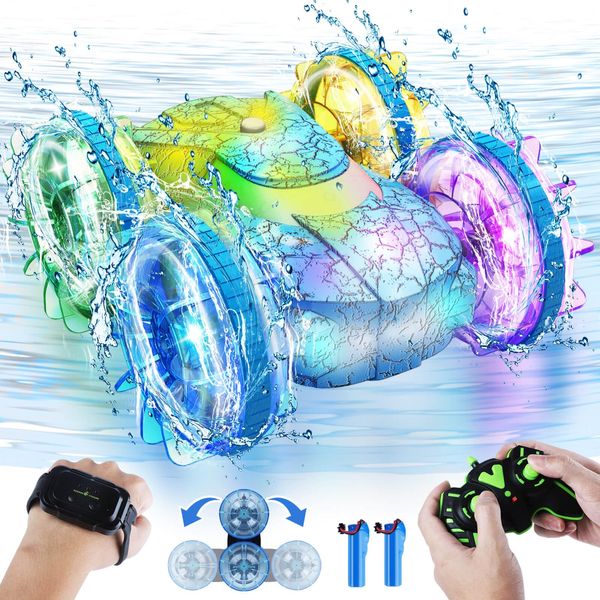 Amphibious Remote Control Car Waterproof RC Car 360° Rotation Gesture Remote Control Boat All Terrain 4WD Stunt RC Boat Beach Pool Toys for Kids Ages 4-8-12 Birthday Gifts Toys for 5 6 7 Year Old Boys