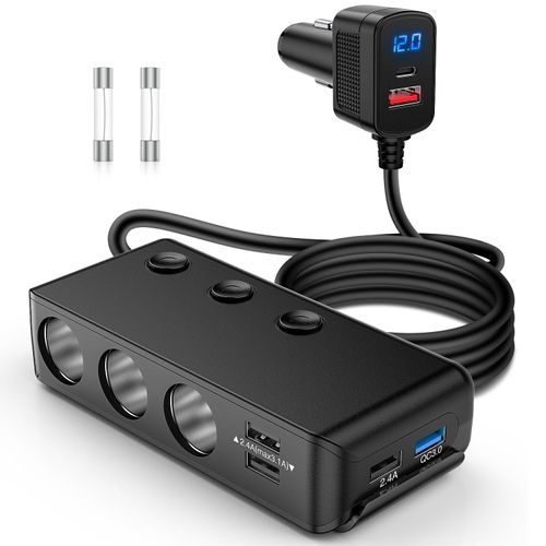 Nilight 9 in 1 Cigarette Lighter Adapter Splitter Quick Charge 3.0 3 Sockets 4 USB Ports Power Splitter with PD/QC 3.0 Charge Independent Switches LED Voltage Display for 12V/24V Cars Van Truck Camper