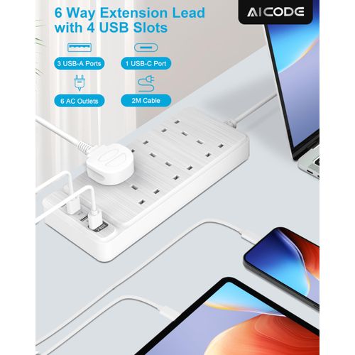 Extension Lead with USB Slots,AICODE 6 Way Extension Lead with 4 USB(1USBC),Multi Plug Extension Socket Charging Station,2M Extension Cable,Switched Wall Mount White Power Strip 6 Plug for Home Office