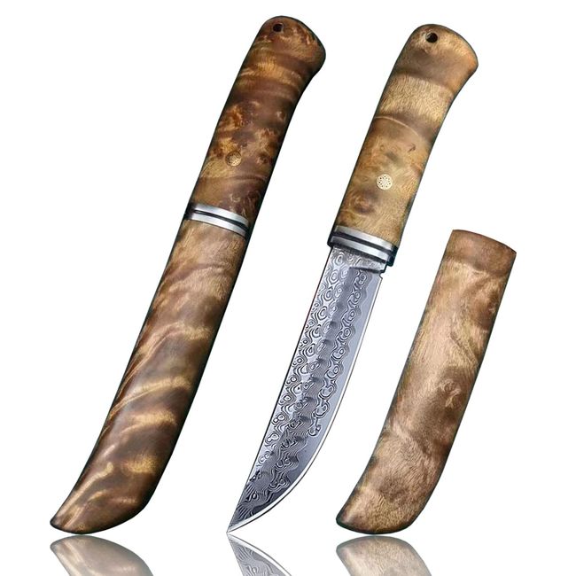 Irai Utaki Sheath Knife, Outdoor Sheath Knife, 67-Layer Damascus, VG10 Steel, Double Edged, Dropping Water Blade Pattern, Wood Grain Handle, Wood Sheath, Good Grip, High-Quality Knife, Hunting Knife,