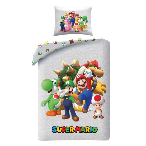Bettwäsche Super Mario 135x200 + 80x80 · Mit Mario, Luigi, Toad, Peach, Wario & Yoshi · KinderBettwäsche Set 2-teilig Bettbezug + Kissenbezug · Deutsche Größe · Microfaser