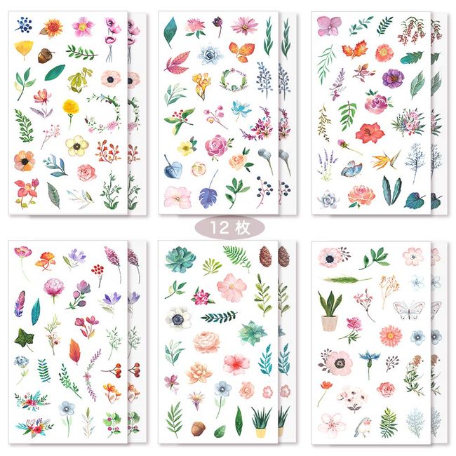 Diary Stickers, Cute, Stylish, Girls & Children, Washi Seals, Set of 12, DIY DIY Stickers, Diary, Calendar, Album, Household Book, Package Bag Included (Flowers)