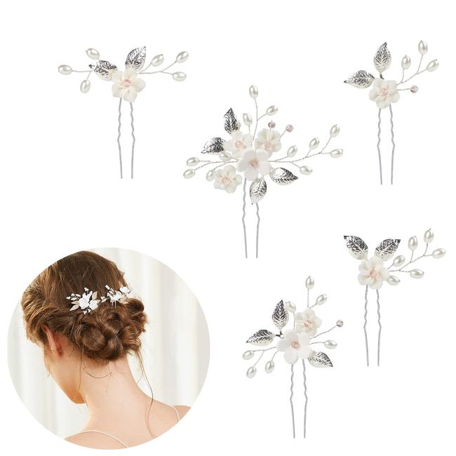 flintronic 5 Stück Braut Hochzeit Blume Haarnadeln，Perle Haarschmuck Hochzeit für Frauen und Mädchen，Silber Haarschmuck Kommunion Mädchen