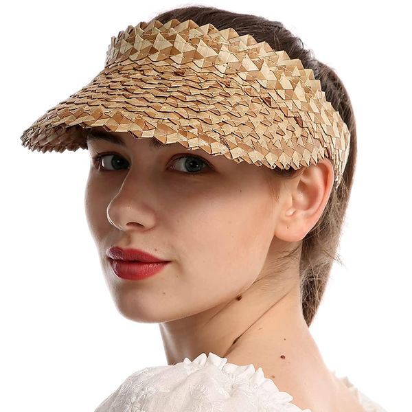 ehsbuy Sun Visors for Women Floppy Foldable Straw Hat with UV Protection Rollable Ladies Sun Hat Visor Cap Ponytail Topless Hat UPF 50+ Khaki