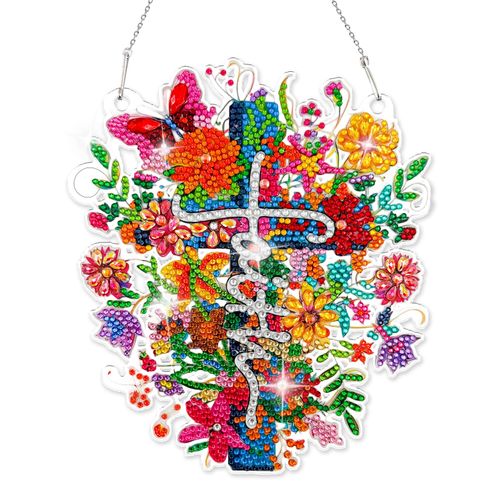Diamond Art Hanging Kit for Adult, Painting Hanging Ornament Kit, Special Shaped Rhinestone,DIY Acrylic 5D Diamond Art Pendants Home Garden Wall Kits Christian Cross Dove,Double Sided (Latin Cross)