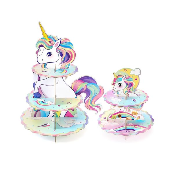 WERNNSAI Unicorn Cupcake Stand - 2 PCS Unicorn Cake Stands Kids Girls Party Cupcake Decorations Disposable 3 Tier Tray Cake Decorations Kids Rainbow Theme Birthday Dessert Tower Cupcake Display Stand