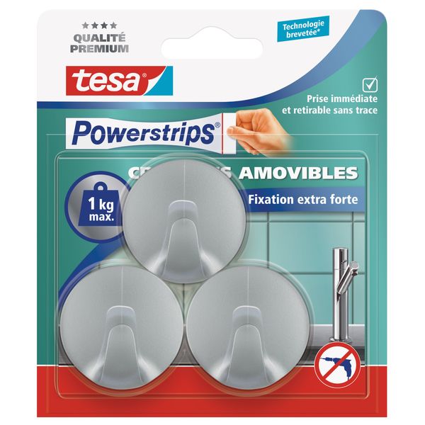 Tesa 57578-000004-00 Powerstrips 3 Round Mini Hooks with 4 Mini Powerstrips Grey