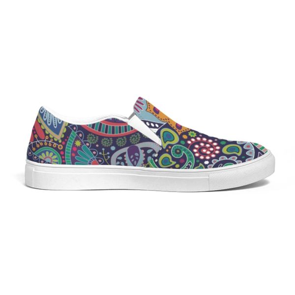 Womens Slip-on Sneakers - Blue Floral Paisley Canvas Sports Shoe - Multicolor / 5