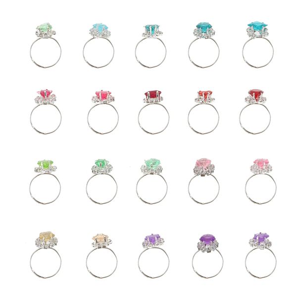 NUOBESTY Crystal Adjustable Rings Simulation Diamond Rings Girls Finger Ring Toys for Girl Pretend Play Dress up Party, 20Pcs (Random Color)