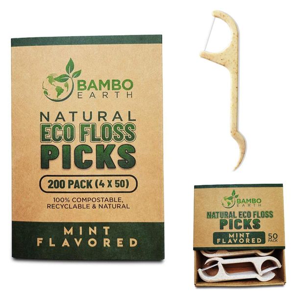 Natural Dental Floss Picks - Eco Friendly Cruelty Free & Vegan Tooth Flossers Pick Set with Biodegradable and Compostable BPA Free Handle & Zero Waste Packaging - 200 Pack (Mint Flavored)