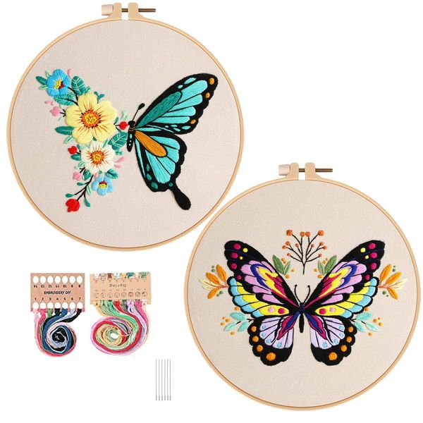 Konrisa Butterfly Embroidery Kits with Flower Pattern, Stamped Embroidery Starter Kit for Beginners Adults Needlepoint Kits Include Embroidery Fabric Embroidery Hoop Threads and Needles,Set of 2