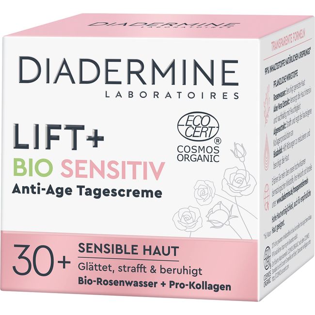 Diadermine Lift+ Bio Sensitiv Anti-Age Tagescreme (50 ml), Gesichtscreme glättet, strafft und beruhigt die Haut, Tagespflege speziell für sensible Haut