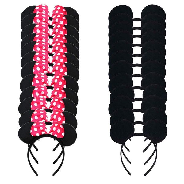 Set of 24 Mickey Minnie Mouse Costume Deluxe Fabric Ear Headband White Polka Dots Boys Girls Birthday Party Hair Accessories Baby Shower Head Wear Halloween Party Decoration (Black Rose Red)