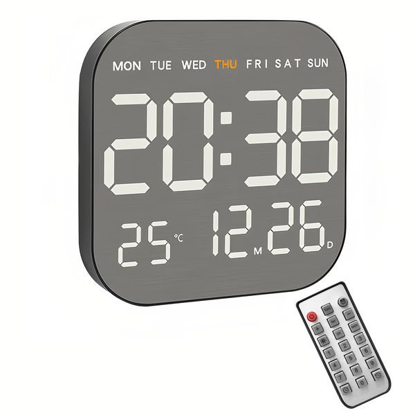 Lancoon Digitale Große Wanduhr mit 10 Helligkeitsstufen Countdown Funktion Fernbedienung Gebürstetes Metall Temperatur Datum Woche für Wohnzimmer Home