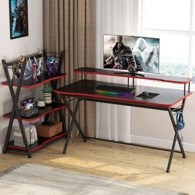 Tribesigns Large Gaming Desk Set, 55 inch PC Gaming Table with Monitor Stand and Headphone Holder, Ergonomic Gamer Computer Desk