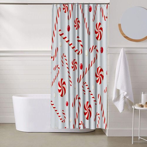 Ansouyi Shower Curtain Set with 12 Hooks, Bath Curtains Waterproof Polyester Fabric, Grey Cute Christmas Candies Candy Cane Home Bathroom Bathtubs Decor Washable Durable Fabric, 72x72 Inch