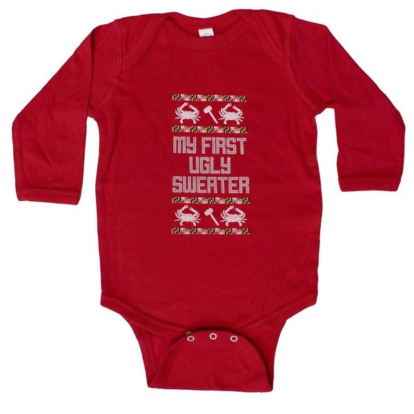 My First Ugly Sweater Long Sleeve (Red) / Baby Onesie - 12 Months / Red