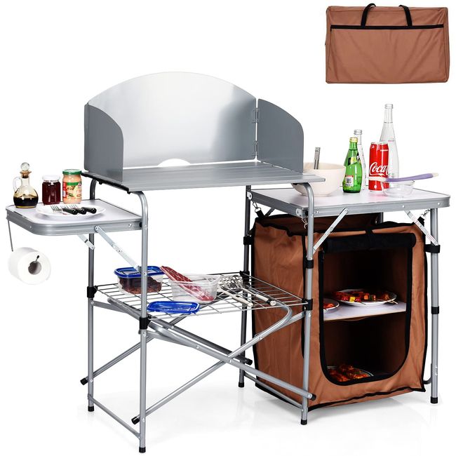 Giantex Folding Grill Table with 26'' Tabletop and Detachable Windscreen, Aluminum Portable Camp Cook Station Carry Bag Quick Set-up, BBQ Camping Picnic Backyard Outdoor Camping Kitchen Table (Brown)