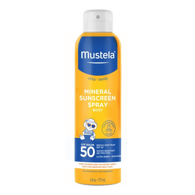 Mustela Baby Mineral Sunscreen Spray SPF 50 Broad Spectrum - Body Sun Spray for Sensitive Skin - Water Resistant & Fragrance Free - 6 fl.oz.