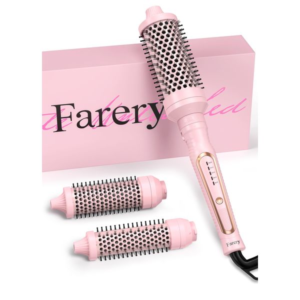 Farery PRO 3-in-1 Thermal Brush Set - Adjustable Temperature, Detachable Curling Brush Heads (1.25", 1.5", 1.77"), Dual MCH, 20s Fast Heating for Quick Blowout Look & Natural Curls, Rose Pink