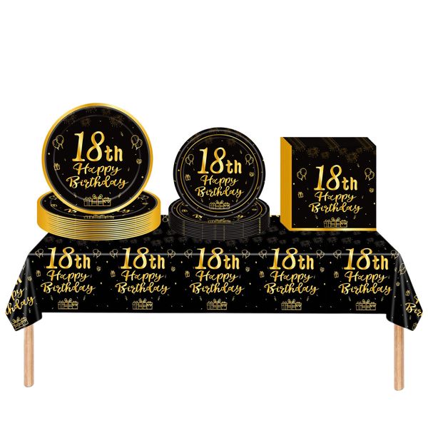 53Pcs Black Gold 18th Happy Birthday Party Tableware Decorations for Him Plastic Table Cloth,7,9inch Paper Plates,Napkins for Men Birthday Table Party Tableware Set for Men Adults Birthday Party