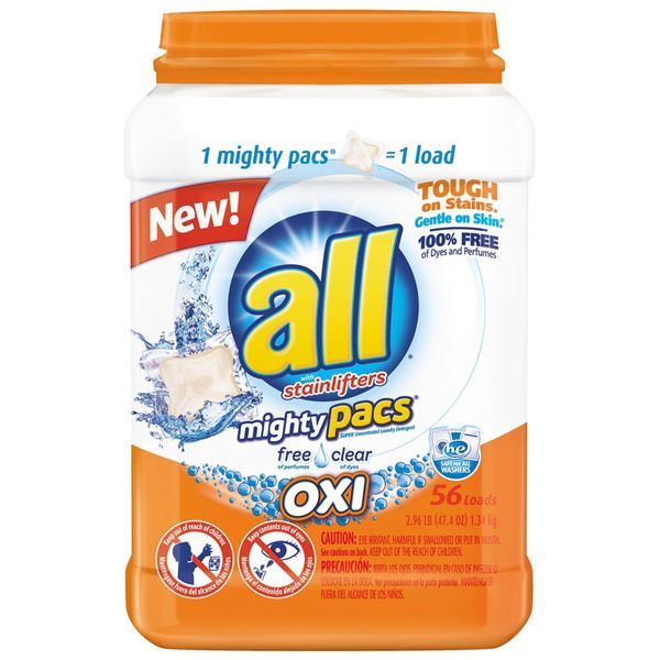 all Mighty Pacs Laundry Detergent with OXI Stain Removers and Whiteners, Free Clear, Pouch, 56 Count