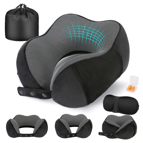 Cirorld Travel Pillow for Airplane, Neck Pillow for Travel, Memory Foam Travel Neck Pillow for Adults, Adjustable & Compact Flight Pillow, Ergonomic Neck Cushion, With Ear Plugs, Eye Mask, Carry Bag