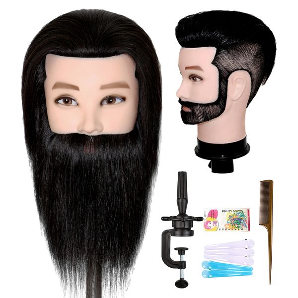 ISHOT Male Mannequin Head,12" Doll Head,Training Head,With 100% Real Human Hair for Hairdressers,Hair Stylists,Cosmetologist,Barber Shop and Cosmetology School Black