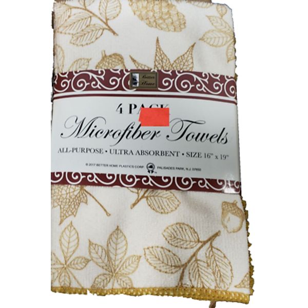4pc Microfiber Printed Towels (absorbent)(16"x19") ACORNS & LEAVES, beige,BH