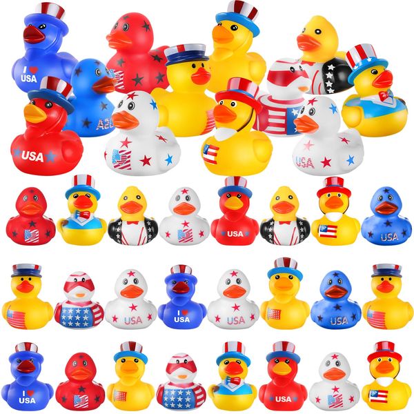 SCIONE Patriotic Rubber Ducks - 24 Pcs Independence Day Novelty Funny Squeeze Baby Shower Bathtub Ducks for Fourth of July Party Supplies