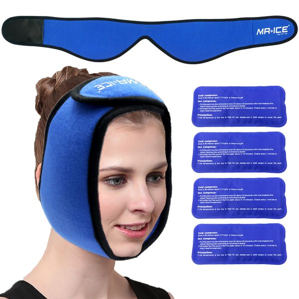 Face Ice Pack Wrap for TMJ, Wisdom Teeth, Jaw Wrap with 4 Reusable Hot Cold Therapy Gel Packs for Head, Chin, Oral and Facial Surgery, Pain Relief for Swelling, Injuries, Dental Implants