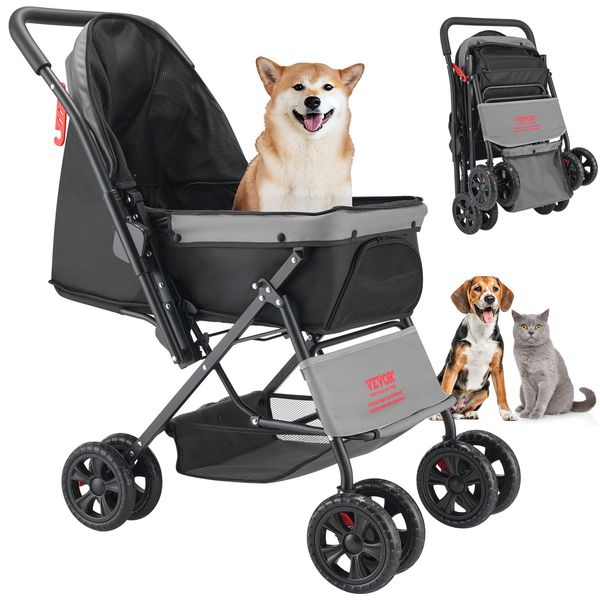VEVOR Pet Stroller Foldable 4 Wheels Travel Dog Stroller Reversible Handle