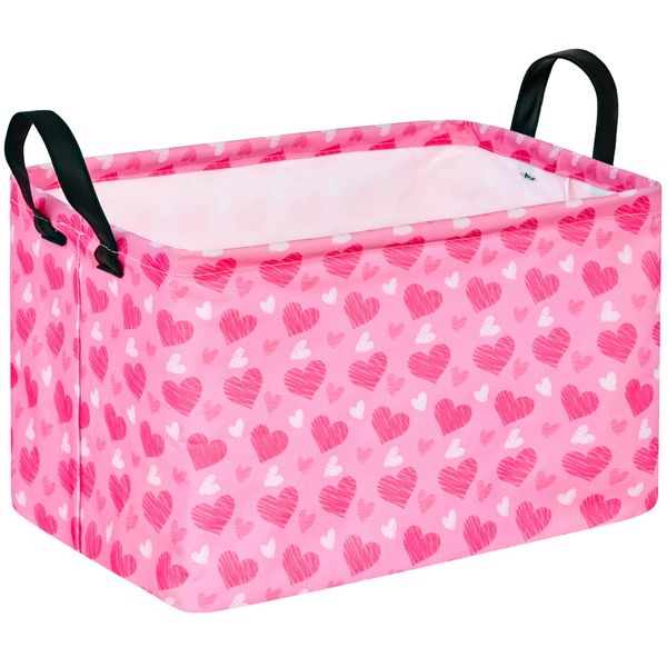 MAIZMZ Heart Print Basket Valentine's Day Basket Empty Gift Basket with Handles Closet Shelf Storage basket Organizer Bins Girls Nursery hamper Kids Toys Books Box Room Decor