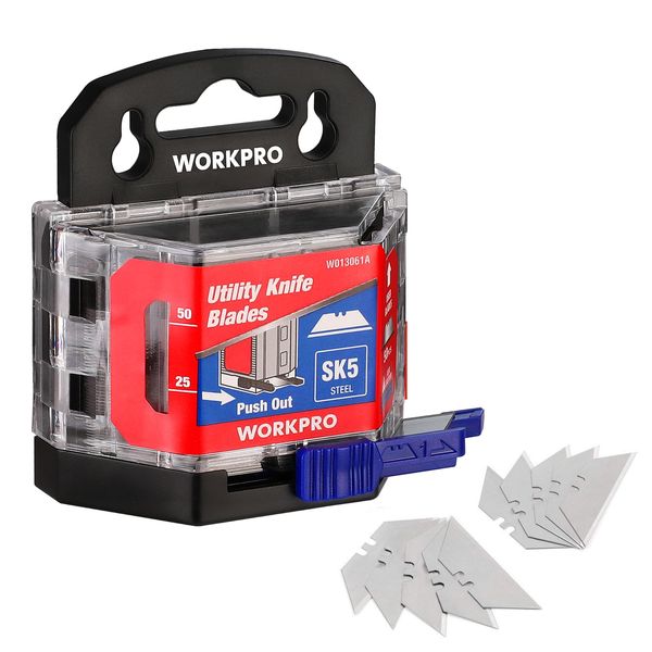 WORKPRO 50-Pack Utility Knife Blades with Dispenser, SK5 Steel Box Cutter, Standard Blades for Utility Knife Replacement