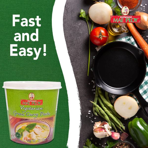 Mae Ploy Vegetarian Green Curry Paste with Authentic Thai Spices Like Shallot, Green Chili Pepper, Lemongrass, Galangal, Kaffir Lime, No MSG, Preservatives Or Artificial Coloring (35 oz Tub)