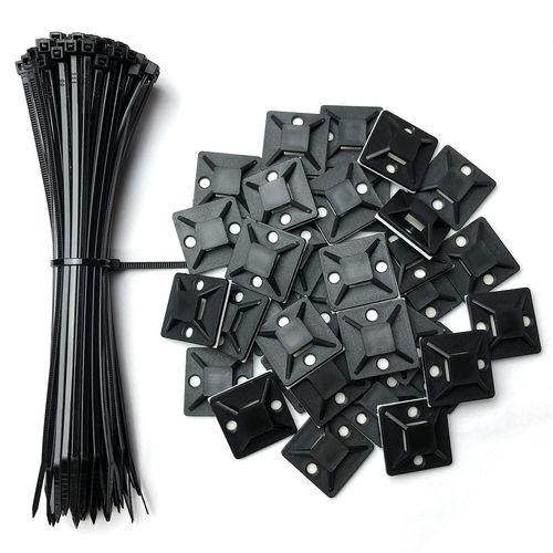 Oksdown Pack of 100 Cable Ties Black 150 x 2.5 mm Long Nylon Plastic Small Cable Zip Ties 60 Pieces Strong Mounting Base Adhesive Base Screw Base 25 x 25 mm Cable Tie Set Cable Tie Cable Management