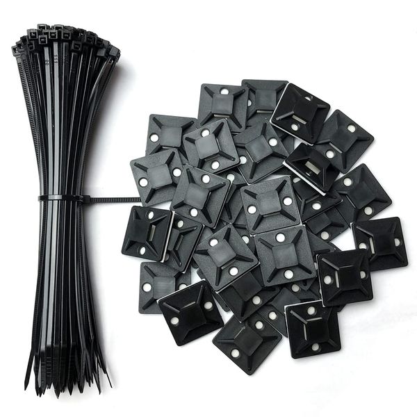 Oksdown 100 Stück Kabelbinder schwarz 150×2,5mm Lang Nylon Kunststoff Klein Cable Zip Ties 60 Stück Starke Montagesockel Klebesockel Schraubsockel 25 x 25 mm Kabel Binder Set Kabelband Kabelmanagement