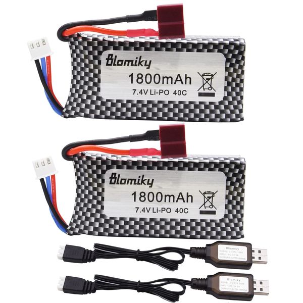 Blomiky 2 Pack 7.4V 1800mAh 13.32Wh Li-PO Rechargeable Battery with Deans T Plug and Charger Cable for 1/10 Scale 4WD 9206E 9125 RC Cars Trucks 7.4V 1800mAh 2