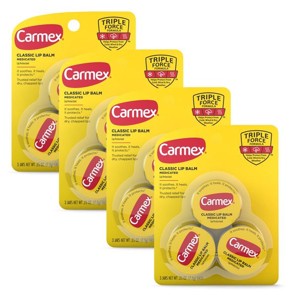 Carmex Medicated Lip Balm Jar, Lip Moisturizer for Dry, Chapped Lips, 0.25 OZ - (4 Packs of 3)