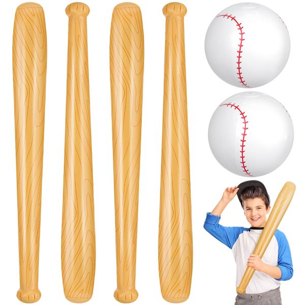 Set of 6 Beach Baseball Ball Inflatable Baseball Bat Include 2 Pcs 11 Inch Beach Baseball and 4 Pcs Baseball Bat Inflates Kids Baseball Pool Toys for Pool Beach Fun Sports Game Birthday (Dark Brown)