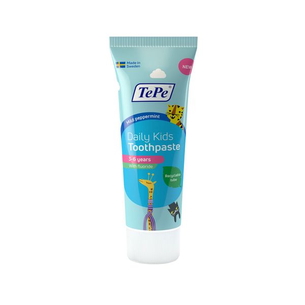 TePe Daily Kids Toothpaste, mild peppermint, 3-6 years, everyday fluoride toothpaste for kids to prevent cavities, age-appropriate fluoride level