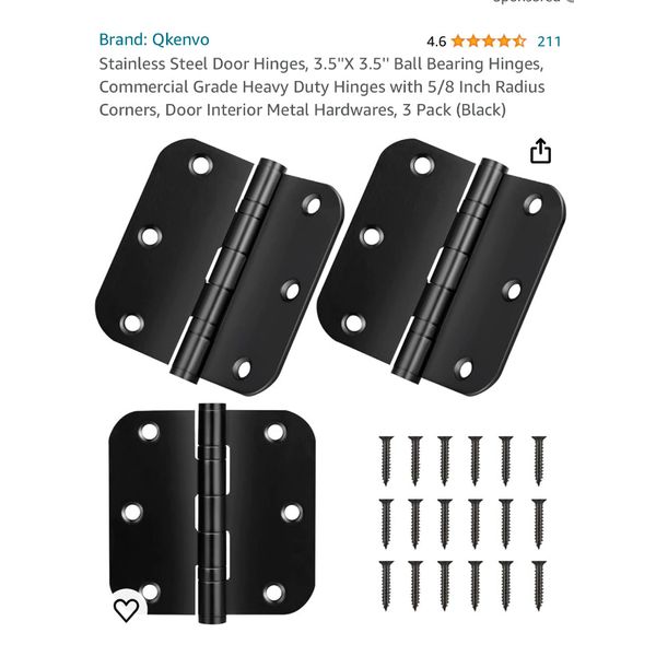 New-in-Box: Qkenvo Stainless Steel Door Hinges 3.5"X3.5" 3-Pack Black