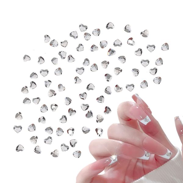 Pack of 90 Rhinestones Nails, 3D Flat Nail Rhinestones, Heart Crystal Nail Charms Gemstones Nail Diamonds for Women Girls DIY Makeup Nail Art Decoration (White)